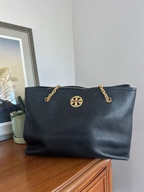 Tory Burch Black Pebbled Leather Tote with Gold Chain Hardware